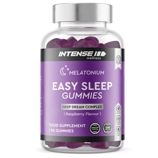 Sugar-free evening gummies with ashwagandha and botanicals for relaxation support" "Plant-based relaxation gummies in raspberry flavour for evening wind-down" "Close-up of Easy Sleep's natural sugar-free gummies for evening routine support