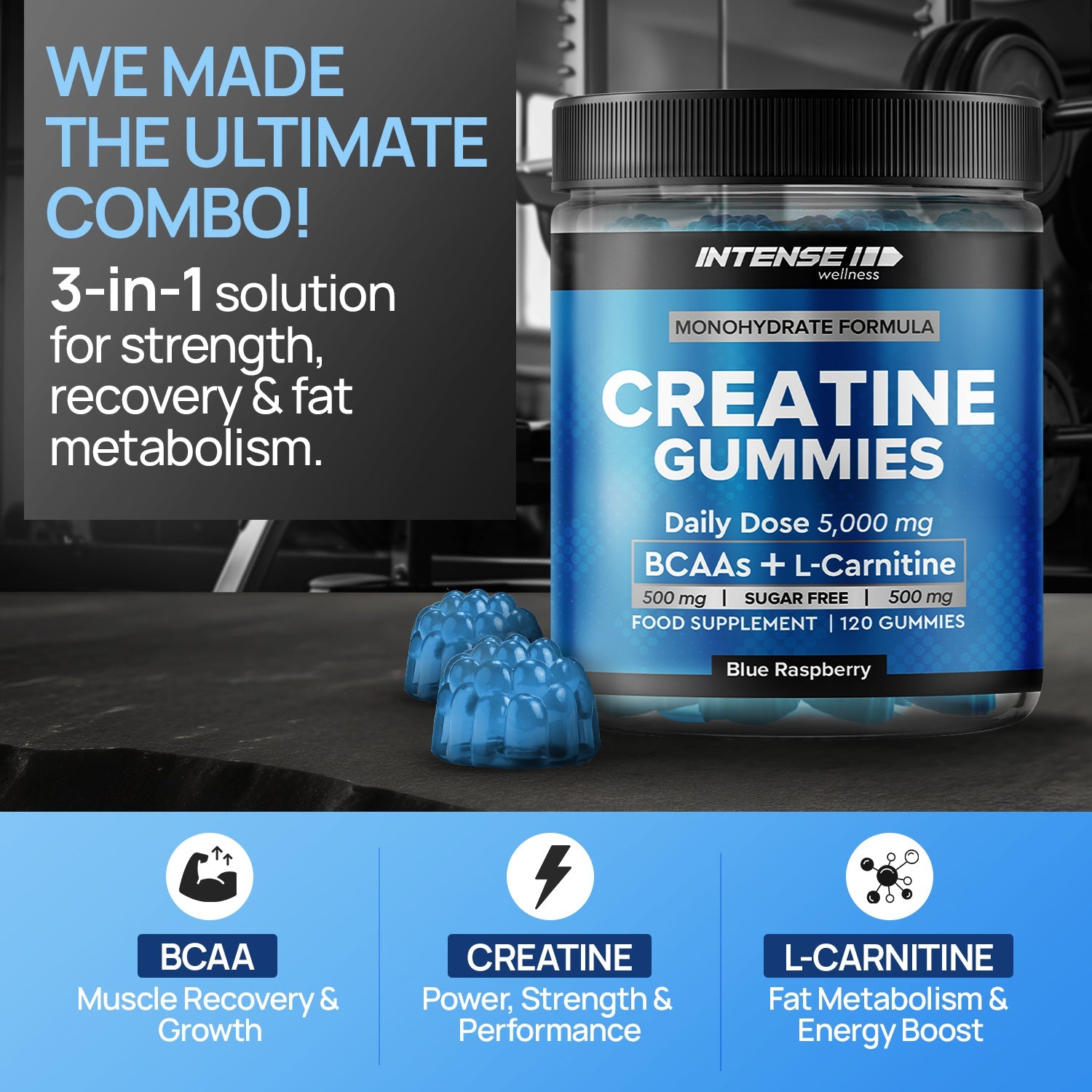 Creatine Gummies 5000mg Blue Raspberry Flavour - Intense Wellness