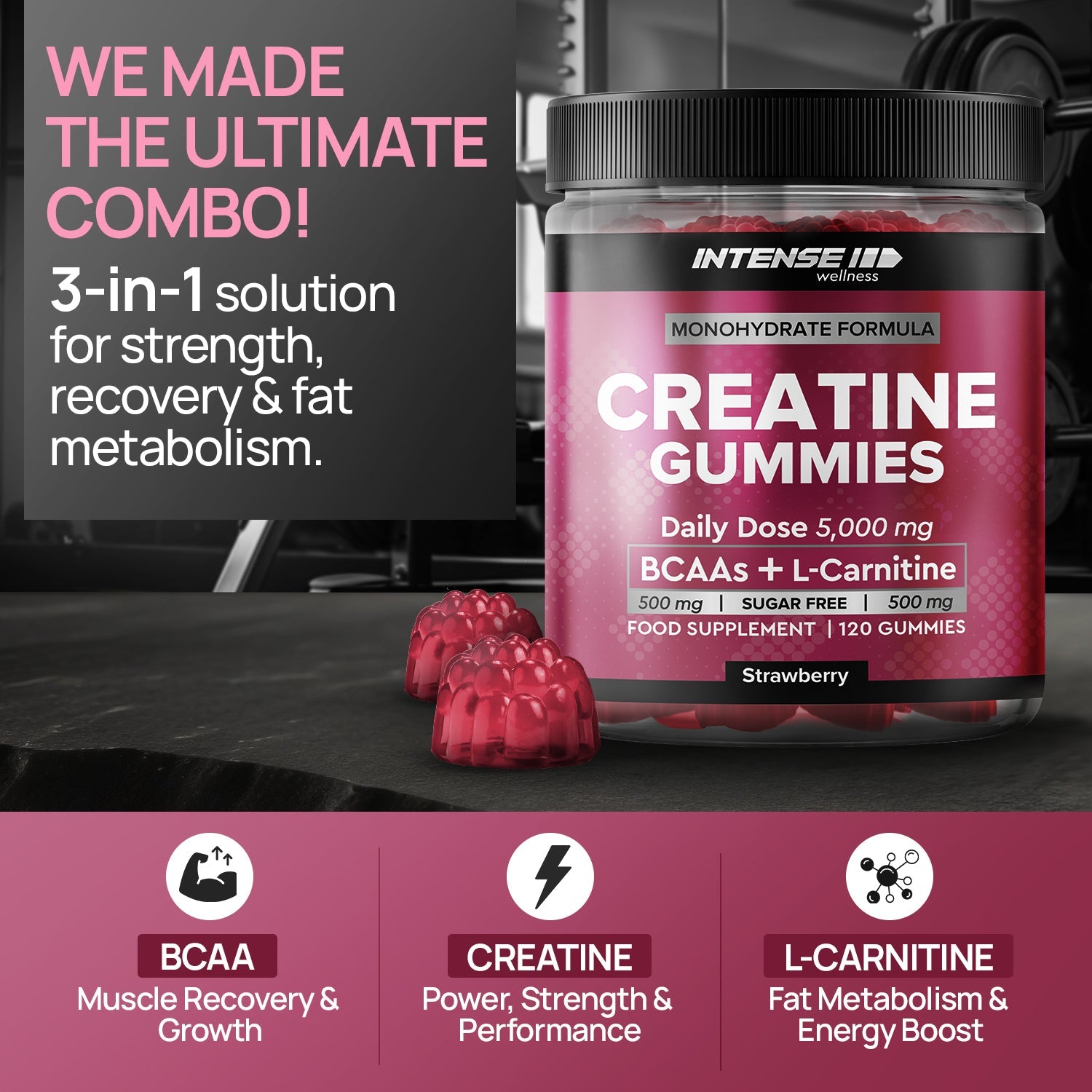 Creatine Gummies 5000mg Strawberry Flavour - Intense Wellness