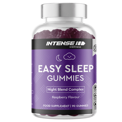 Easy Sleep Gummies – front of purple-label jar with silver lid and dark raspberry-shaped gummies, raspberry flavour