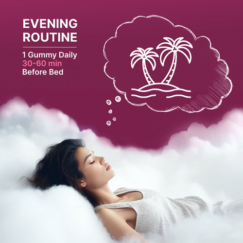 Melatonium Sleep Gummies – woman lying on clouds with a palm island thought bubble, plum panel reading evening routine