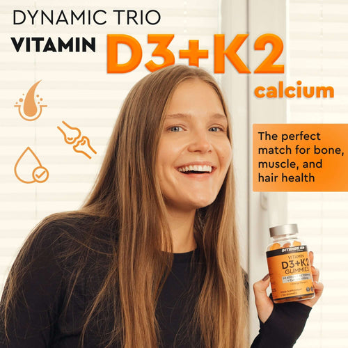 Vitamin D3 + K2 Gummies – smiling woman with long hair holding a jar, orange text panel and small icons beside her